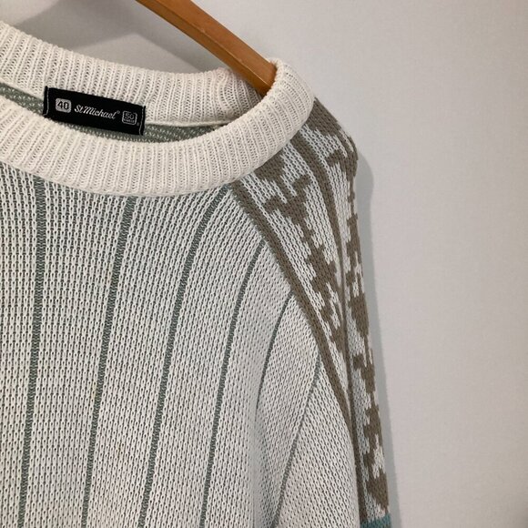 Vintage St Michaels Sweater White Grey Fair Isle Men Size XL/50 Tall UK Pattern - Picture 3 of 12